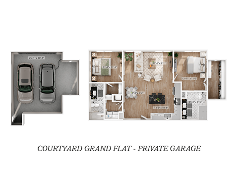 Floor plan for 2 beds, 2 baths, 1225 sqft